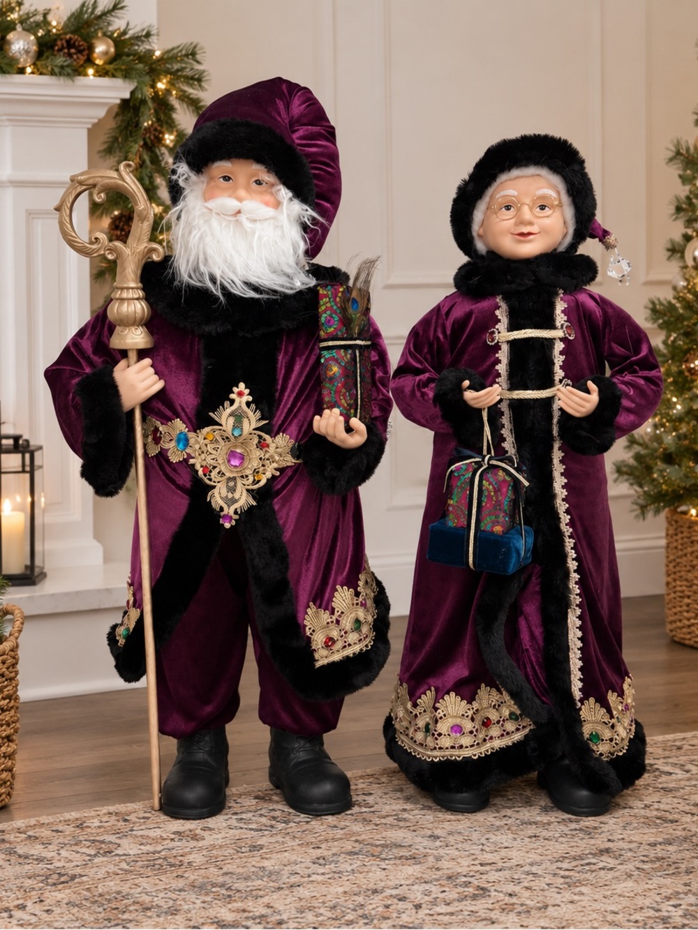 Merry Brite 34” Santa, 33” Mrs Claus Set Purple Velvet Christmas Figures